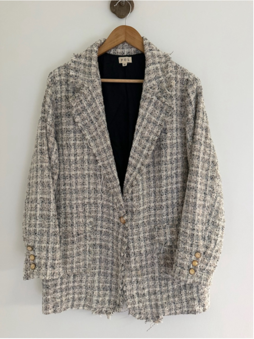 POL Oversized Tweed Blazer M Gold Buttons Longline Old Money